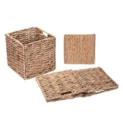 Set Of 2 Handmade Wicker Baskets - 12-Inch Square Foldable Storage Bins With Handles - Made Of Hand-Twisted Water Hyacinth By Villacera (Natural) -Hastings House GUEST 058c7e77 16a4 45a9 acec 5d3ea81bd5d4
