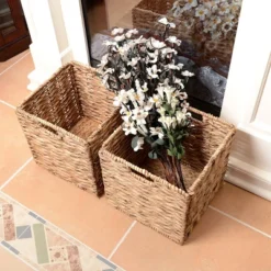 Set Of 2 Handmade Wicker Baskets - 12-Inch Square Foldable Storage Bins With Handles - Made Of Hand-Twisted Water Hyacinth By Villacera (Natural) -Hastings House GUEST 12a5ea46 ea47 4a5d a7d8 f666b432f6af