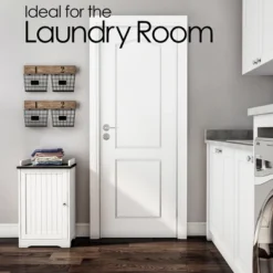 Hastings Home Freestanding Bathroom Storage Cabinet With Slat Door And Gallery Style Top - White/Black -Hastings House GUEST 15eff5c3 aa68 4b8e 997b 4b563698f8f3