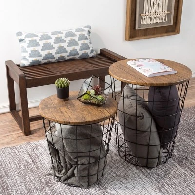 Hastings Home Wire And Wood Nesting End Tables With Storage, Brown, Set Of 2 5 Hastings Home Wire And Wood Nesting End Tables With Storage, Brown, Set Of 2 - Image 5