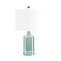 Hastings Home Blue Glass Open Base Table Lamp With LED Bulb And Modern Shade For Coastal, Nautical, And Rustic Cottage Styles