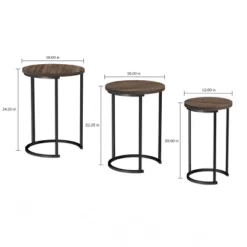 Hastings Home Round End Tables With Woodgrain-Look And Black Metal Base, Gray/Brown, Set Of 3