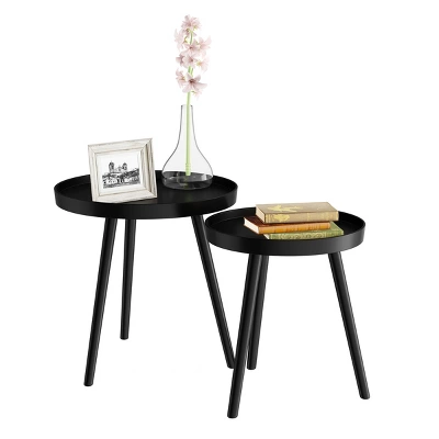 Hastings Home Nesting End Tables - Circular Mid-Century Modern Accent Table With Tray Top - Set Of 2, Matte Black 1 Hastings Home Nesting End Tables - Circular Mid-Century Modern Accent Table With Tray Top - Set Of 2, Matte Black