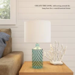 Hastings Home Blue Glass Open Base Table Lamp With LED Bulb And Modern Shade For Coastal, Nautical, And Rustic Cottage Styles -Hastings House GUEST 585a1302 f195 477d b03e c153e5310cae