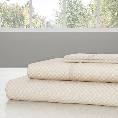 Hastings Home Twin Size Brushed Microfiber 3 Piece Embossed Checkered Bed Sheet And Linen Set With Stain Resistant Fitted And Flat Sheets - Champagne 2 Hastings Home Twin Size Brushed Microfiber 3 Piece Embossed Checkered Bed Sheet And Linen Set With Stain Resistant Fitted And Flat Sheets - Champagne - Image 2