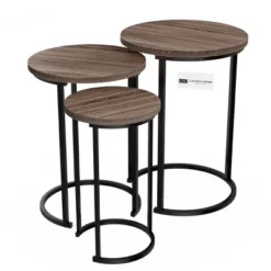 Hastings Home Round End Tables With Woodgrain-Look And Black Metal Base, Gray/Brown, Set Of 3 -Hastings House GUEST 6bd47ff3 c126 4faa 9336 f5bd8e5da6ad