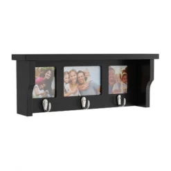 Wall Shelf And Picture Collage With Ledge And 3 Hanging Hooks- Photo Frame Decor Shelving With Modern Look, Holds 3 Photos By Hastings Home (Black)