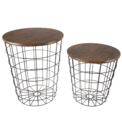 Hastings Home Wire And Wood Nesting End Tables With Storage, Brown, Set Of 2