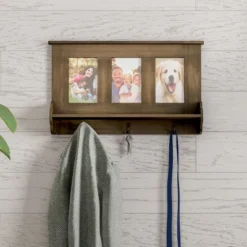 Wall Shelf And Picture Collage With Ledge And 3 Hanging Hooks- Photo Frame Decor Shelving With Rustic Wood Look, Holds 4x6 Pictures By Hastings Home