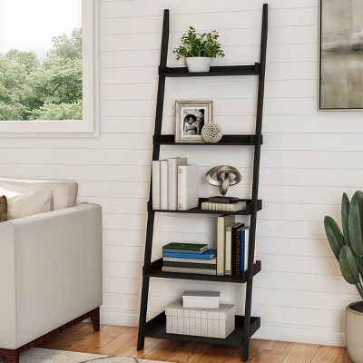 Hastings Home Leaning Ladder Bookcase, Black 2 Hastings Home Leaning Ladder Bookcase, Black - Image 2