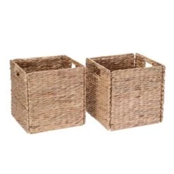Hastings Home 12-Inch Square Handmade Wicker Storage Bin Foldable Basket Made Of Water Hyacinth | Set Of 2