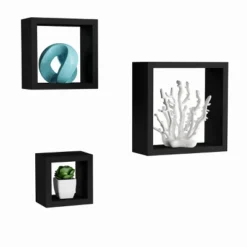 Floating Shelves- Cube Wall Shelf Set With Hidden Brackets, 3 Sizes To Display Decor, Books, Photos, More- Hardware Included By Hastings Home (Black)