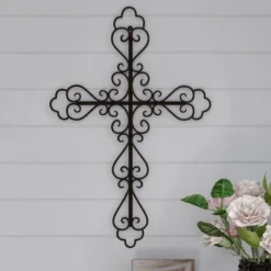 Hastings Home Handcrafted Decorative Metal Wall Cross With Fleur De Lis Design