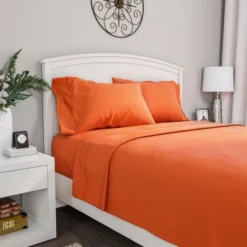 Hastings Home Twin Size Brushed Microfiber 3 Piece Bed Sheet And Linen Set With Stain Resistant Fitted And Flat Sheets - Orange